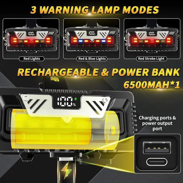 Alt view image 4 of 6 - Rechargeable Headlamp 180000 LM Bright Head lamp 9 Mode Motion Sensor Hands-Free headlamps Digital Display Led Headlamp with Red Light Headlamp Battery Powered for Camping Running