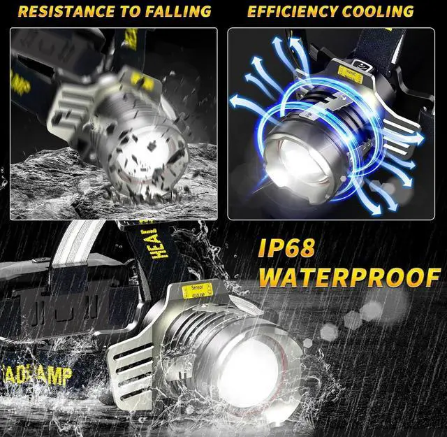 Alt view image 5 of 6 - Rechargeable Headlamp 180000 LM Bright Head lamp 9 Mode Motion Sensor Hands-Free headlamps Digital Display Led Headlamp with Red Light Headlamp Battery Powered for Camping Running