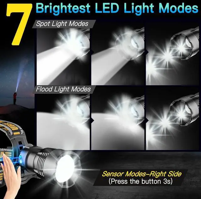 Alt view image 4 of 7 - Headlamp Rechargeable 120 000LM Head Lamp Super Bright LED Rechargeable Headlamp with 7 Modes & IP68 Waterproof Rechargeable Headlamp Adjustable Head Lamp for Outdoor Camping Hiking Climbing