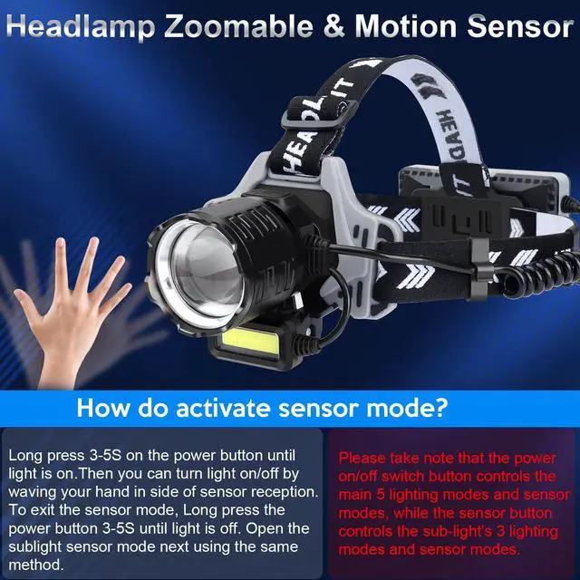 Alt view image 6 of 7 - Rechargeable LED Headlamp 6000 Lumens Super Bright Headlamp Flashlight with Motion Sensor 8 Modes 135°Adjustable IPX7 Waterproof Head Lamp for Camping Running Climbing Hiking