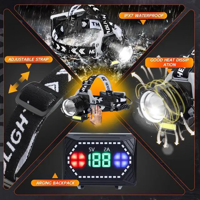 Alt view image 6 of 7 - LED Headlamp Rechargeable 1000 Lumens Super Bright with 10 Modes & Motion Sensor, 2 Pack Head Lamp with Zoomable, IPX7 Waterproof, 135°Adjustable for Outdoor Hiking Camping
