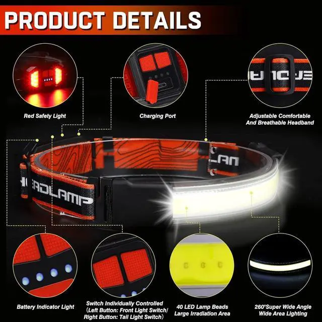 Alt view image 6 of 7 - Rechargeable Headlamp Super Bright 1500 Lumens 6 Modes Head Lamp Led Rechargeable with Tail Red Light Wide Beam Led Headlamp Waterproof for Adults Outdoor Camping Hiking Hunting Accessories