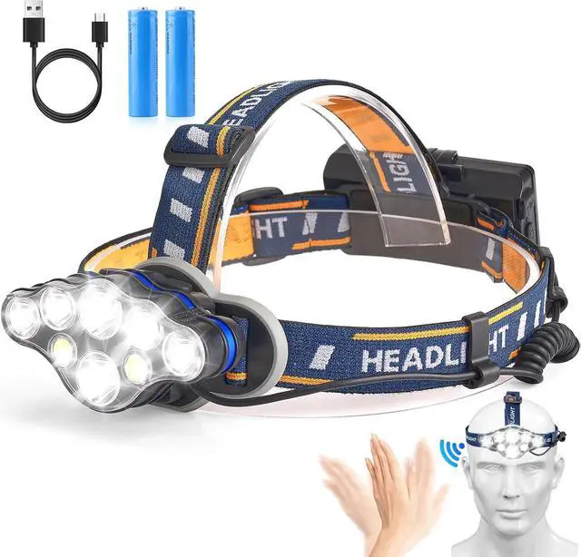 Main image of Rechargeable Headlamp 18000 Lumen Bright 8 Led Head Lamp 16 Modes Adjustable Motion Sensor Headlight with Red Light Waterproof Head Flashlight for Outdoor Hiking Camping Blue