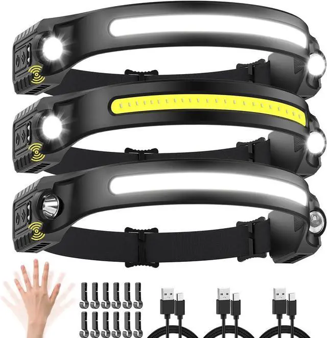 Main image of Rechargeable Headlamp with 2 Spotlights 3Pack LED Headlamp 230° Wide Beam Head Lamp Motion Sensor Headlight 5Mode Head Lights for Forehead Waterproof Headlamps for Adults Hard Hat Running Camping