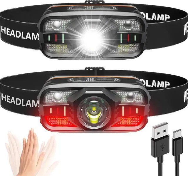 Main image of Headlamp Rechargeable 2000 Lumen Ultra-Light LED Headlight with White & Red Light Motion Sensor 11 Modes Waterproof Adjustable Headband for Outdoor Camping Hiking Fishing (2-Pack)