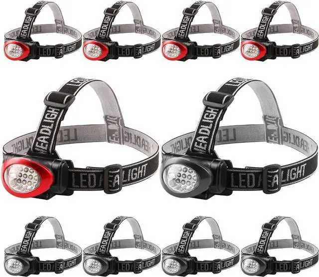 Main image of Headlamp 10 Pack 12 LED 3 Mode Portable Head Lamp Flashlight Outdoor Lightweight Durable Headlight for Running Camping Reading Fishing Hunting Walking Jogging Black + Red Color