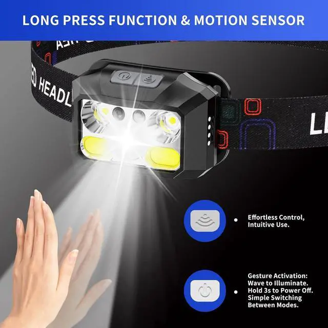 Alt view image 6 of 7 - Headlamp Rechargeable LED (2-Pack) 1200 Lumens with Red & White Light 8 Modes Motion Sensor USB-C Charging IPX4 Waterproof for Running Hiking Fishing and Camping