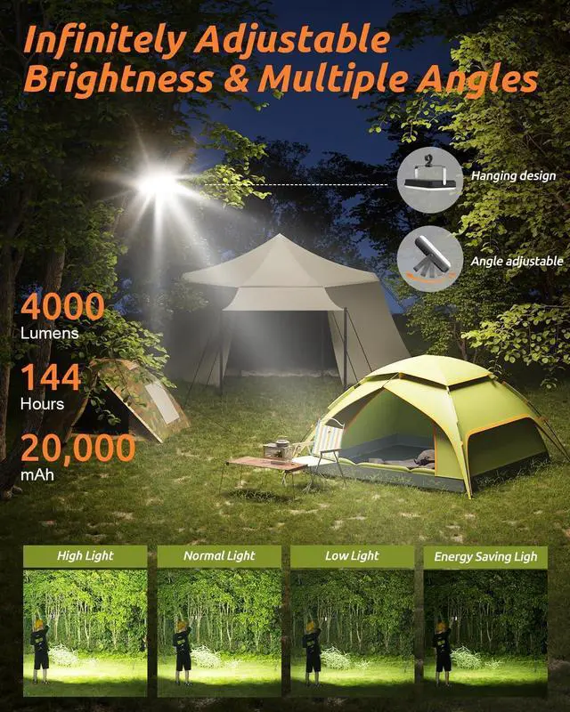 Alt view image 2 of 7 - LED Camping Lantern Rechargeable 4000LM 20000mAh Portable Camping Lights up to 144 Hours & 4 Light Modes IPX5 Waterproof Camping Essentials for Power Outages Emergency Tent Outdoor