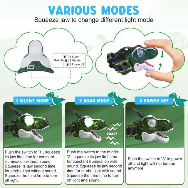 Alt view image 3 of 7 - LED Headlamp for Kids Flashlight Camping Gear Roar & Silent Mode Outdoor Toy Head Lamp for Boy Girl Toddler 3.4oz Lightweight Headlight Birthday Gift Easter Basket Stuffer Battery Included