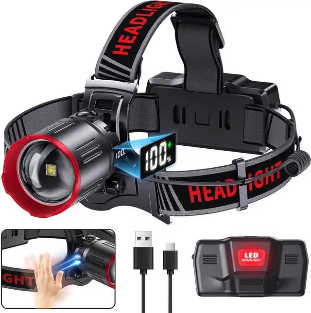 Main image of Led Headlamp Rechargeable 9000 LM Super Bright with 5 Modes Waterproof USB Rechargeable Head lamp 60 Hour Battery Stanby Headlight with Power Display 120° Adjustable Zoomable for Outdoor Camping