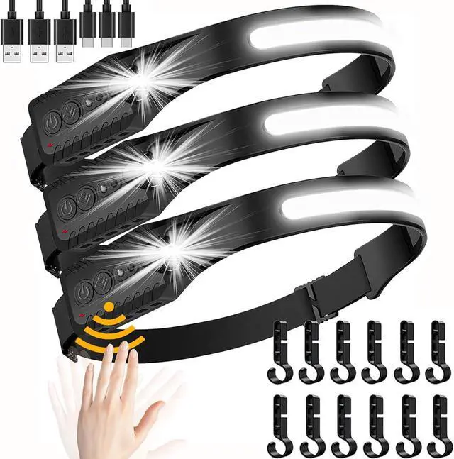 Main image of LED Rechargeable Headlamp Waterproof Camping Accessories for Adults Lightweight Head Lamp Flashlight 5 Modes for Outdoor Camping Running Cycling Fishing etc (3PCS Black)