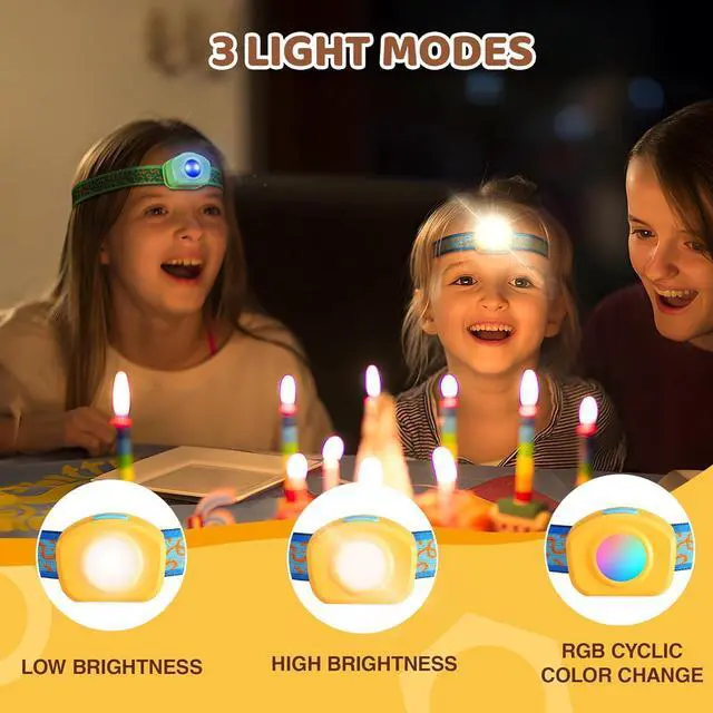 Alt view image 2 of 7 - LED Headlamp Rechargeable Kids Headlamp with RGB Mode and Adjustable Headband 3 Modes Multicolor Headlamp for Kids Kids Head Lamp for Camping Reading Exploring Halloween Christmas