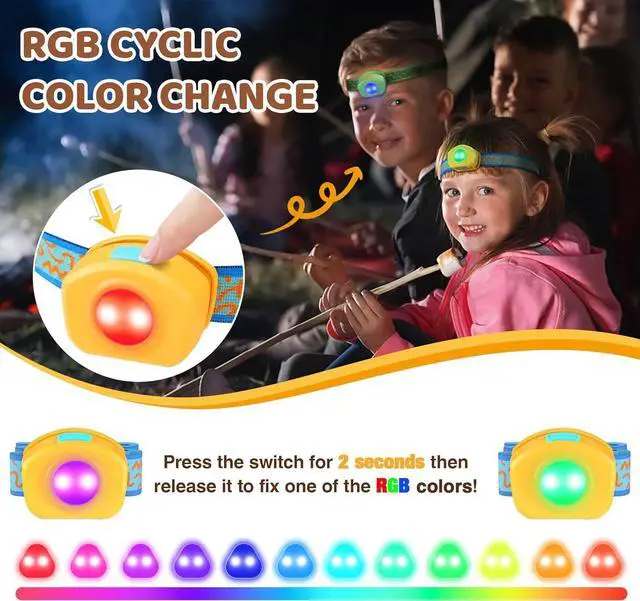 Alt view image 3 of 7 - LED Headlamp Rechargeable Kids Headlamp with RGB Mode and Adjustable Headband 3 Modes Multicolor Headlamp for Kids Kids Head Lamp for Camping Reading Exploring Halloween Christmas