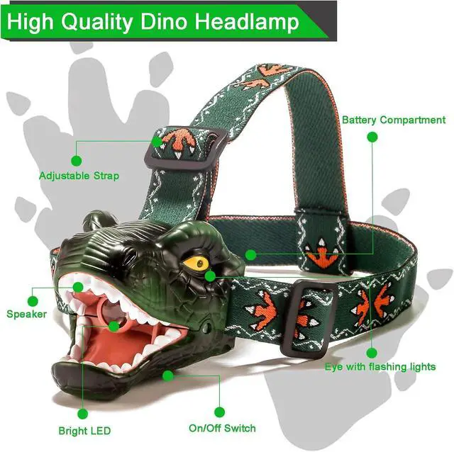 Alt view image 3 of 7 - Dinosaur Kids Headlamp T-Rex Dinosaur Led Headlamp Flashlight Dinosaur Toy Headlamp Flashlight with 4 Lighting Mode for Boys Girls Camping Hiking Reading and Party (Green)