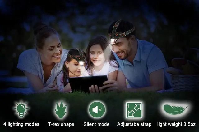 Alt view image 6 of 7 - Dinosaur Kids Headlamp T-Rex Dinosaur Led Headlamp Flashlight Dinosaur Toy Headlamp Flashlight with 4 Lighting Mode for Boys Girls Camping Hiking Reading and Party (Green)