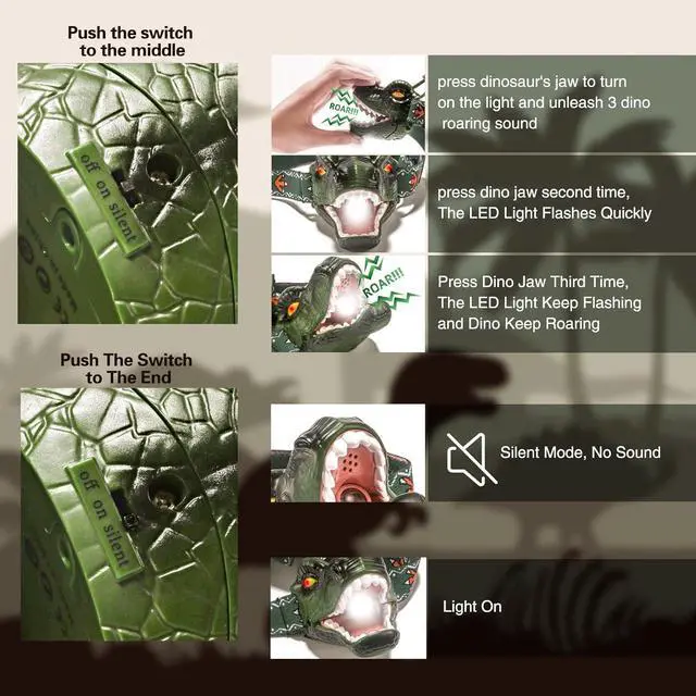 Alt view image 5 of 7 - Dinosaur Kids Headlamp T-Rex Dinosaur Led Headlamp Flashlight Dinosaur Toy Headlamp Flashlight with 4 Lighting Mode for Boys Girls Camping Hiking Reading and Party (Green)