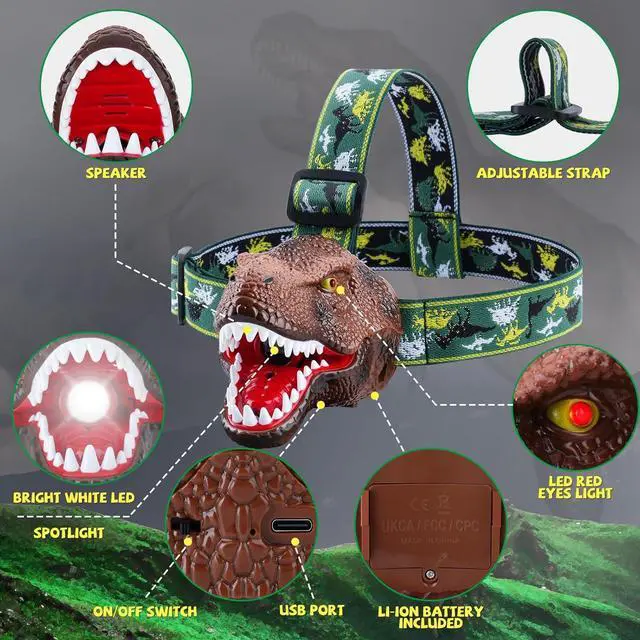 Alt view image 2 of 7 - Upgraded Rechargeable Dinosaur Headlamp for Kids Led Flashlight for Boys or Girls Outdoor Camping Gear Roar & Silent Mode- Ideal Gift for Birthday Halloween Christmas