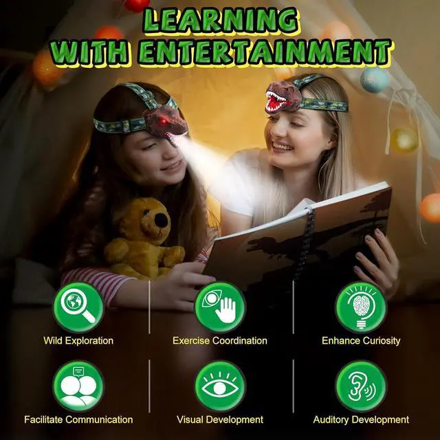 Alt view image 6 of 7 - Upgraded Rechargeable Dinosaur Headlamp for Kids Led Flashlight for Boys or Girls Outdoor Camping Gear Roar & Silent Mode- Ideal Gift for Birthday Halloween Christmas