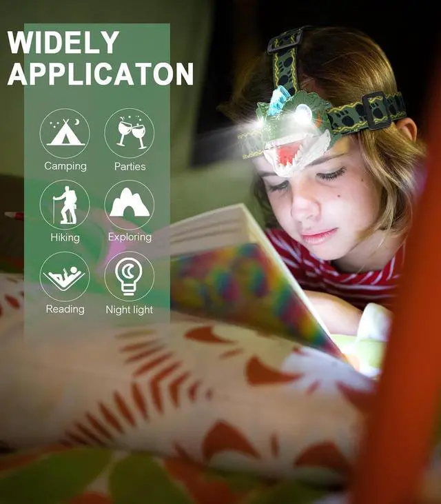 Alt view image 3 of 7 - Kids Headlamp - LED Dinosaur Headlamp with Adjustable Headband for Boys and Girls 3 Lighting Modes - Perfect for Camping Hiking and Reading - Ages 3-12+