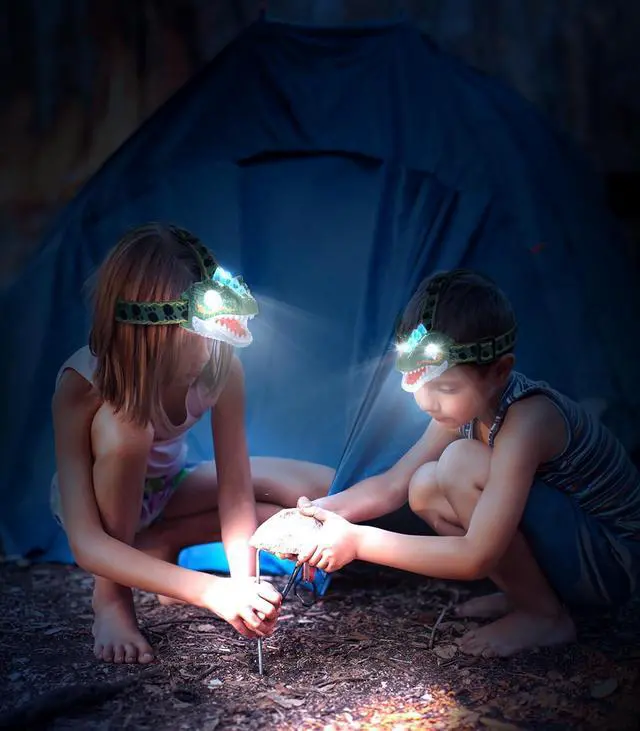 Alt view image 2 of 7 - Kids Headlamp - LED Dinosaur Headlamp with Adjustable Headband for Boys and Girls 3 Lighting Modes - Perfect for Camping Hiking and Reading - Ages 3-12+
