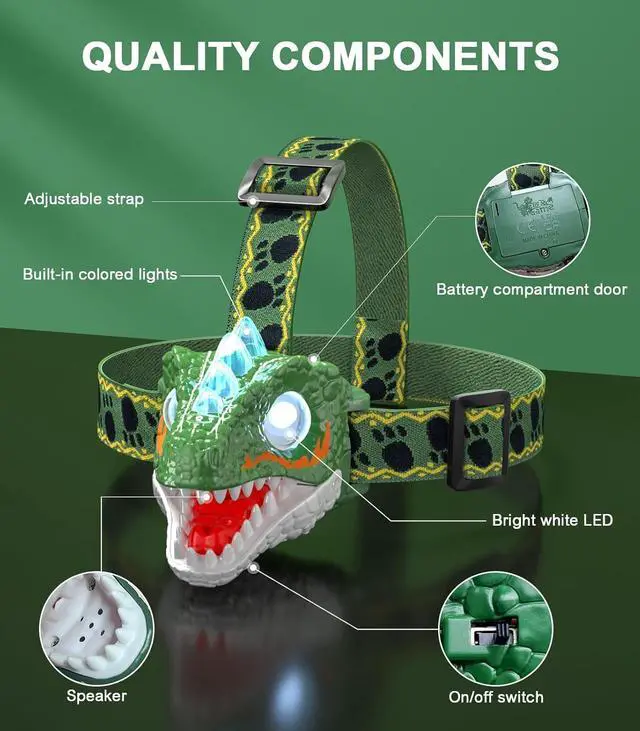 Alt view image 6 of 7 - Kids Headlamp - LED Dinosaur Headlamp with Adjustable Headband for Boys and Girls 3 Lighting Modes - Perfect for Camping Hiking and Reading - Ages 3-12+