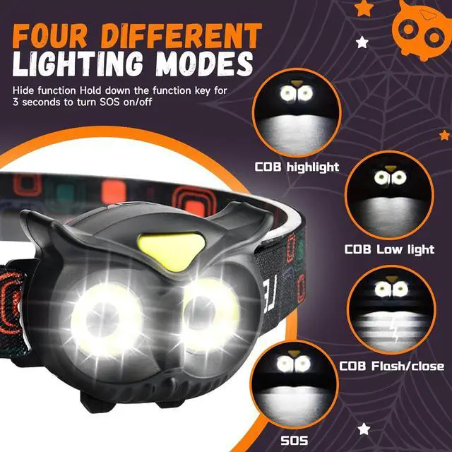 Alt view image 4 of 7 - 2 Pack LED Headlamp Owl Headlight for Kids Leightweight COB Head Lamp 4 Modes Battery Powered Head Lights for Boys Girls Adults Gifts for Birthday Party Christmas