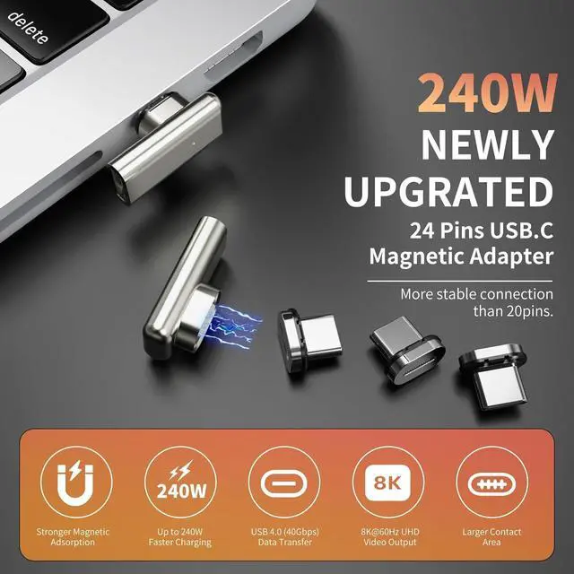 Alt view image 2 of 7 - 240W USB C Magnetic Adapter Right Angle 90 Degree USB-C Male to Female Connector 40Gbps Data Transfer 4K Video Output Right Angle USB C Adapter for MacBook Pro/Air Steam Deck PS5