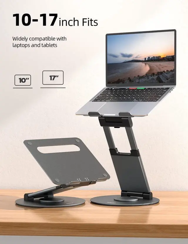 Alt view image 7 of 7 - Telescopic 360 Rotating Laptop Stand for Desk Adjustable Height Swivel Pull Out Design Ergonomic Laptop Riser Fits All 10-17 Laptops Computer MacBook Gray