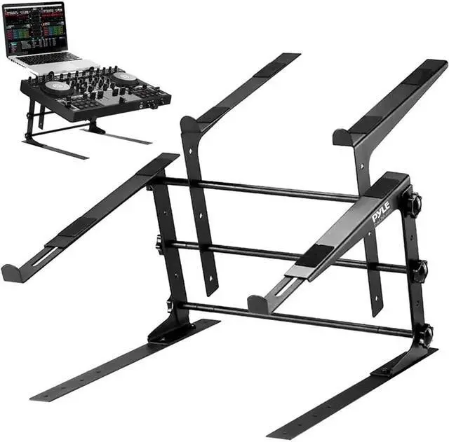 Main image of Portable Dual Laptop Stand - Standing Table with Adjustable Height Ergonomic Design & Anti-Slip Prongs for DJ Mixer Sound Equipment Workstation Gaming & Home Use - PLPTS38 Black