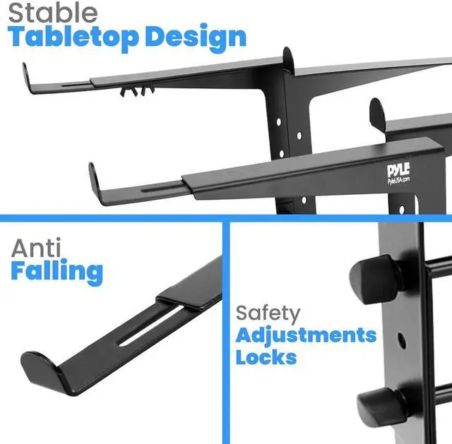 Alt view image 4 of 7 - Portable Dual Laptop Stand - Standing Table with Adjustable Height Ergonomic Design & Anti-Slip Prongs for DJ Mixer Sound Equipment Workstation Gaming & Home Use - PLPTS38 Black