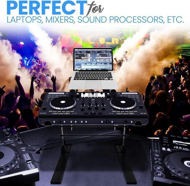 Alt view image 5 of 7 - Portable Dual Laptop Stand - Standing Table with Adjustable Height Ergonomic Design & Anti-Slip Prongs for DJ Mixer Sound Equipment Workstation Gaming & Home Use - PLPTS38 Black