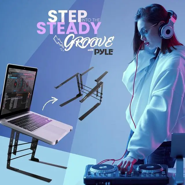 Alt view image 7 of 7 - Portable Dual Laptop Stand - Standing Table with Adjustable Height Ergonomic Design & Anti-Slip Prongs for DJ Mixer Sound Equipment Workstation Gaming & Home Use - PLPTS38 Black