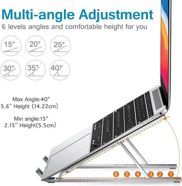 Alt view image 4 of 7 - Laptop Stand Laptop Holder Riser Computer Tablet Stand 6 Angles Adjustable Aluminum Ergonomic Foldable Portable Desktop Holder Compatible with 10-15.6 MacBook iPad HP   Silver