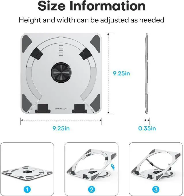 Alt view image 5 of 7 - OMOTON Portable Laptop Stand for Desk, Ergonomic Computer Stand with 360° Rotating Base, 5-Level Adjustable Aluminum Foldable Mount, Compatible for 10-15.6" Laptops