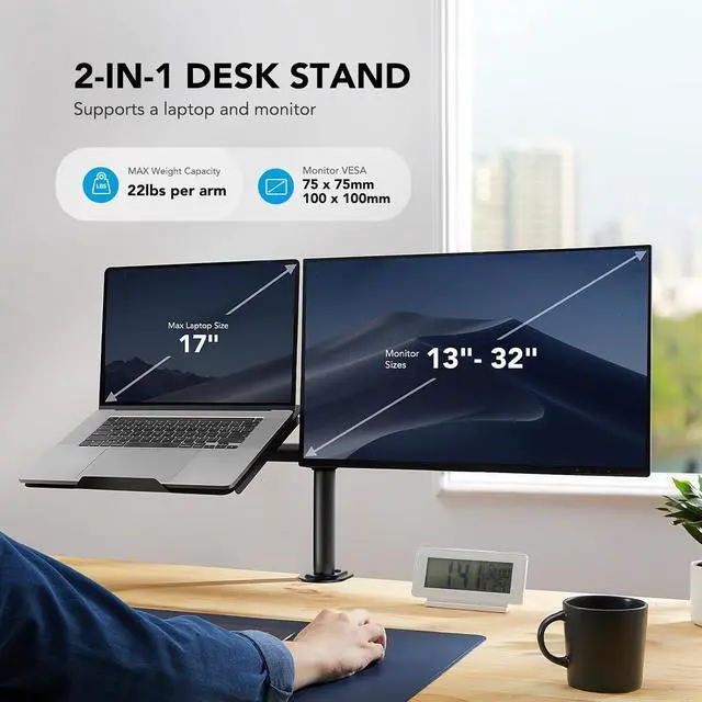 Alt view image 2 of 7 - Adjustable Monitor Stand Single Arm Desk Mount for 32 inch Screen and 17 inch Laptop Heavy Duty Ergonomic Bracket Holds 22lbs