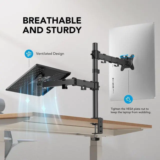 Alt view image 5 of 7 - Adjustable Monitor Stand Single Arm Desk Mount for 32 inch Screen and 17 inch Laptop Heavy Duty Ergonomic Bracket Holds 22lbs