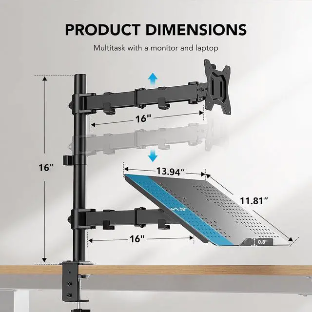 Alt view image 6 of 7 - Adjustable Monitor Stand Single Arm Desk Mount for 32 inch Screen and 17 inch Laptop Heavy Duty Ergonomic Bracket Holds 22lbs