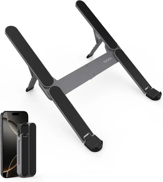 Main image of Ultra Compact Foldable Laptop Stand - Portable Laptop Stand for Desk & Travel Use, Ergonomic Aluminum Computer Stand Holder with Adjustable Height for MacBook, Tablet 10-16", Black