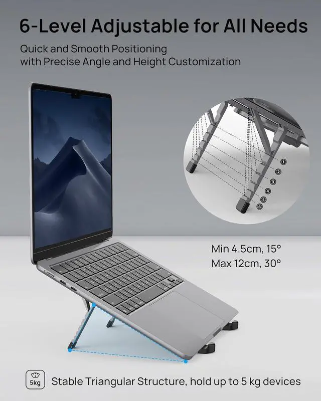 Alt view image 7 of 7 - Ultra Compact Foldable Laptop Stand - Portable Laptop Stand for Desk & Travel Use, Ergonomic Aluminum Computer Stand Holder with Adjustable Height for MacBook, Tablet 10-16", Black