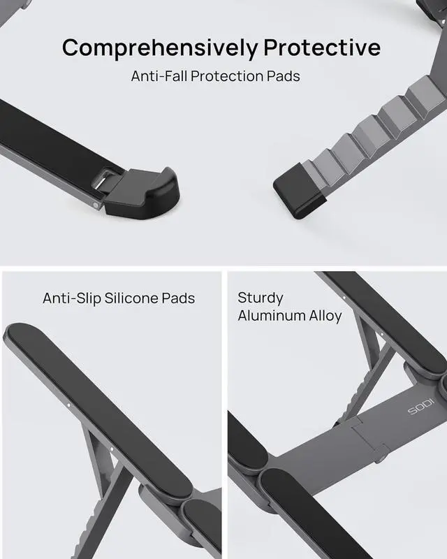 Alt view image 6 of 7 - Ultra Compact Foldable Laptop Stand - Portable Laptop Stand for Desk & Travel Use, Ergonomic Aluminum Computer Stand Holder with Adjustable Height for MacBook, Tablet 10-16", Black