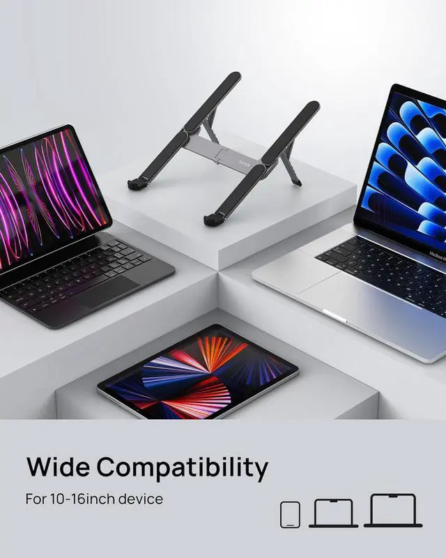 Alt view image 4 of 7 - Ultra Compact Foldable Laptop Stand - Portable Laptop Stand for Desk & Travel Use, Ergonomic Aluminum Computer Stand Holder with Adjustable Height for MacBook, Tablet 10-16", Black