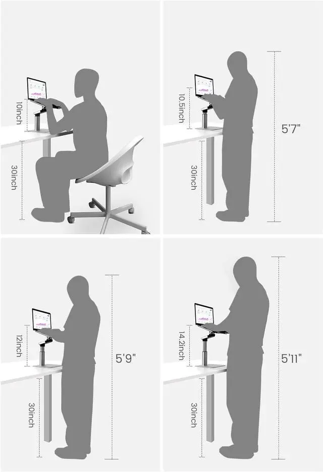 Alt view image 3 of 7 - Portable Standing Desk Converter All-in-One Aluminum Laptop Stand Adjustable Height 360° Rotation Ergonomic Riser Universal Fit for MacBook Pro and All Laptops Sit-to-Stand Design