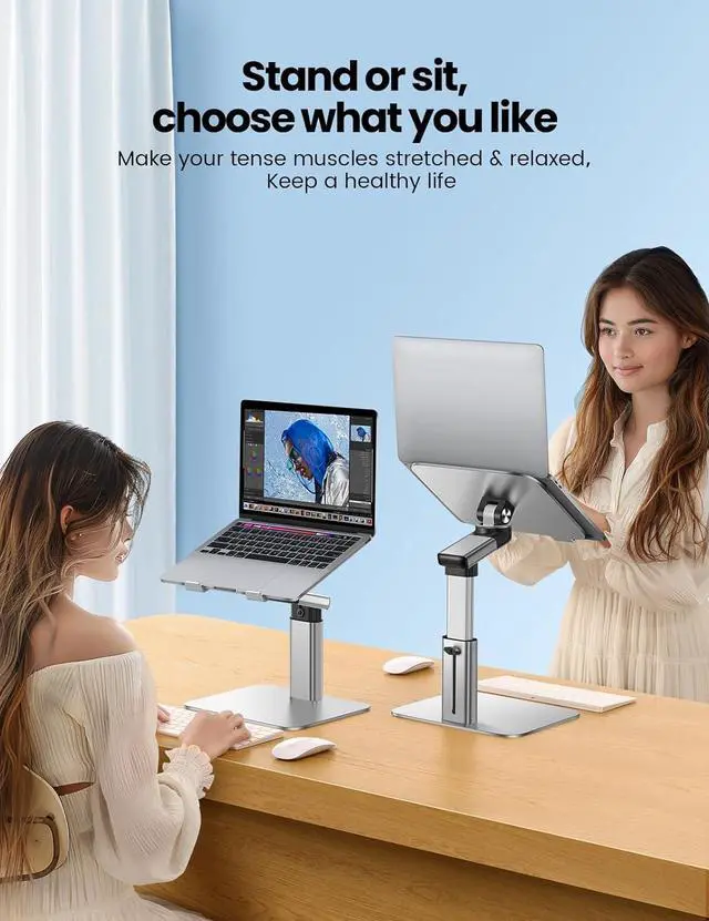 Alt view image 2 of 7 - Portable Standing Desk Converter All-in-One Aluminum Laptop Stand Adjustable Height 360° Rotation Ergonomic Riser Universal Fit for MacBook Pro and All Laptops Sit-to-Stand Design
