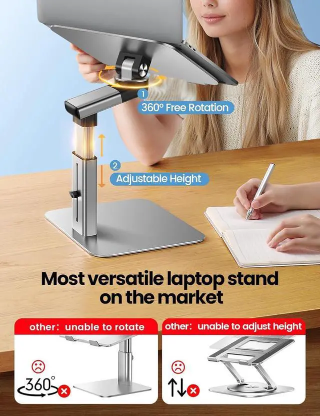 Alt view image 4 of 7 - Portable Standing Desk Converter All-in-One Aluminum Laptop Stand Adjustable Height 360° Rotation Ergonomic Riser Universal Fit for MacBook Pro and All Laptops Sit-to-Stand Design