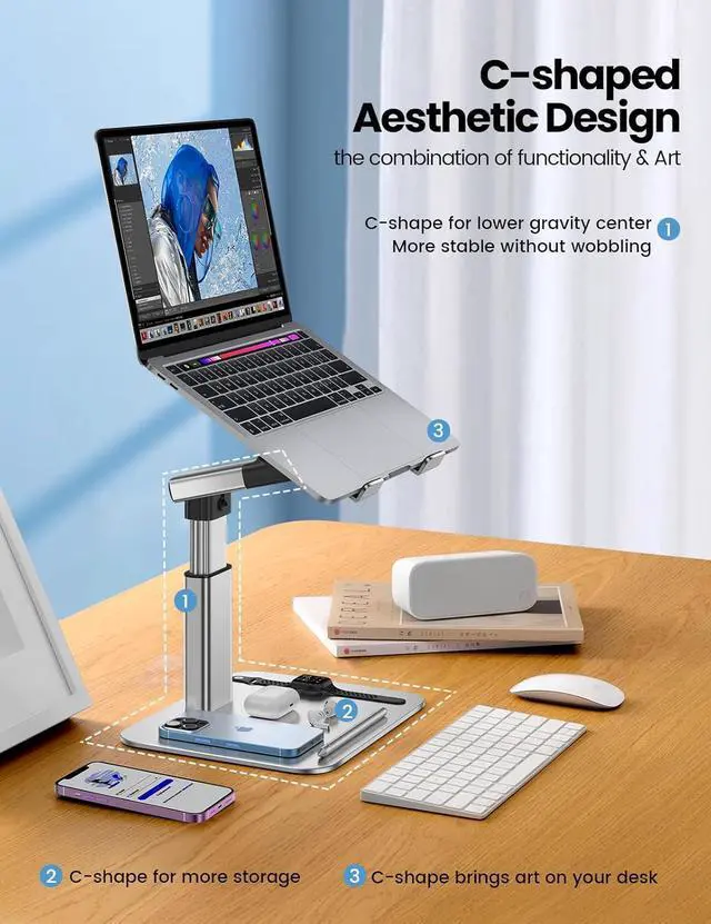 Alt view image 7 of 7 - Portable Standing Desk Converter All-in-One Aluminum Laptop Stand Adjustable Height 360° Rotation Ergonomic Riser Universal Fit for MacBook Pro and All Laptops Sit-to-Stand Design