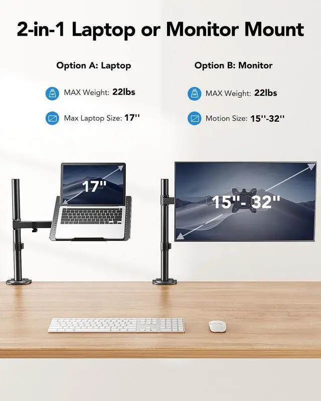 Alt view image 2 of 7 - Laptop Desk Mount Laptop Mount for 17-inch Notebooks or 15-32 Monitors Laptop Arm with Ventilated Tray Fully Adjustable Arm with Tilt Swivel & Rotation Holds up to 22 lbs