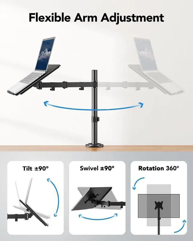 Alt view image 3 of 7 - Laptop Desk Mount Laptop Mount for 17-inch Notebooks or 15-32 Monitors Laptop Arm with Ventilated Tray Fully Adjustable Arm with Tilt Swivel & Rotation Holds up to 22 lbs