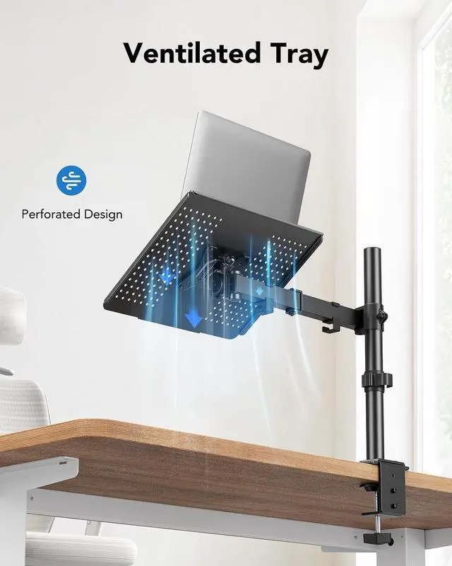 Alt view image 5 of 7 - Laptop Desk Mount Laptop Mount for 17-inch Notebooks or 15-32 Monitors Laptop Arm with Ventilated Tray Fully Adjustable Arm with Tilt Swivel & Rotation Holds up to 22 lbs