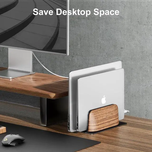 Alt view image 2 of 6 - UPERGO Vertical Laptop Stand, Dual Slot Wooden Laptop Holder Vertical for Desk, Width Adjustable Dock for MacBook Pro and Other Laptops