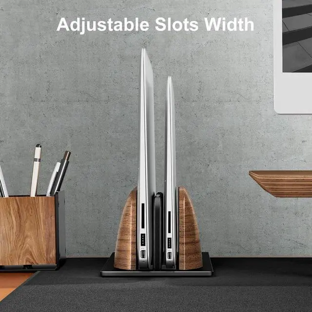 Alt view image 3 of 6 - UPERGO Vertical Laptop Stand, Dual Slot Wooden Laptop Holder Vertical for Desk, Width Adjustable Dock for MacBook Pro and Other Laptops
